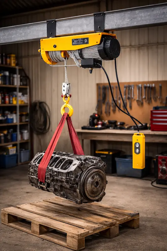 Palan électrique 220V accroché à un IPN dans un atelier, soulevant une charge lourde