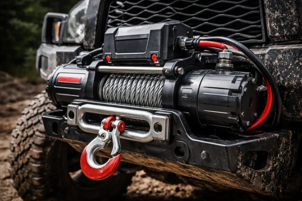 Treuil électrique 12V monté sur un véhicule tout-terrain, câble acier et crochet visibles, usage traction et dépannage en conditions réelles