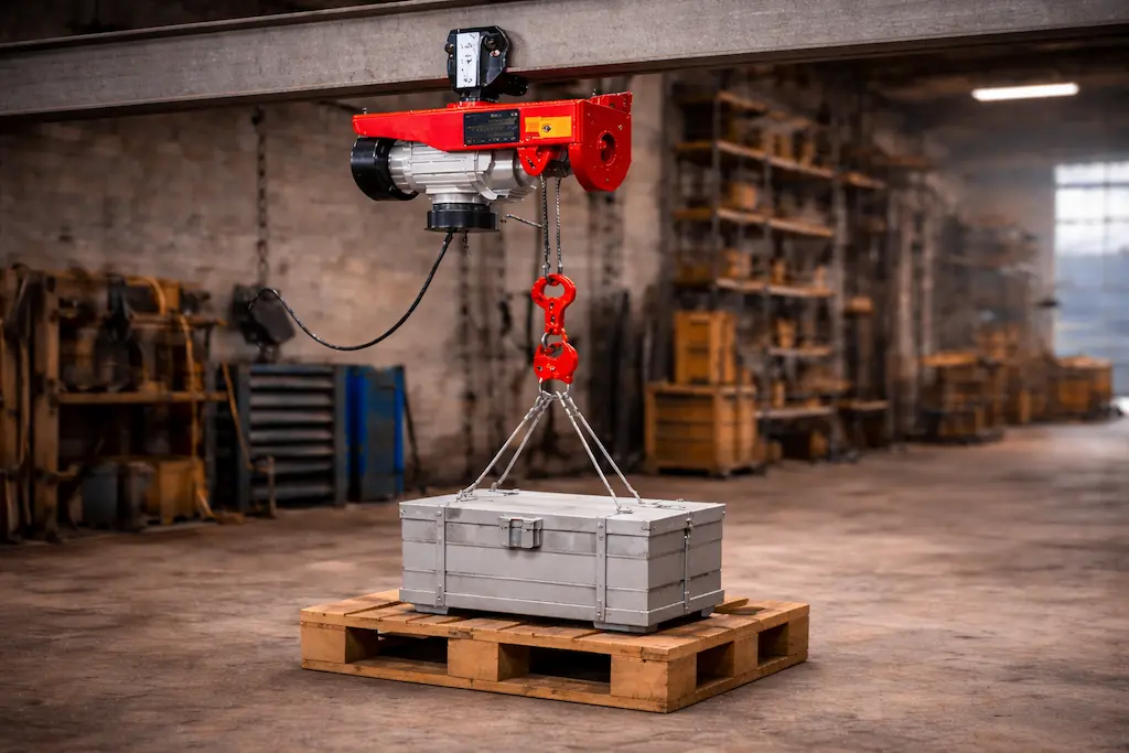 Treuil électrique 220V suspendu sur poutre IPN en atelier industriel, levage vertical sécurisé d’une charge lourde sur palette