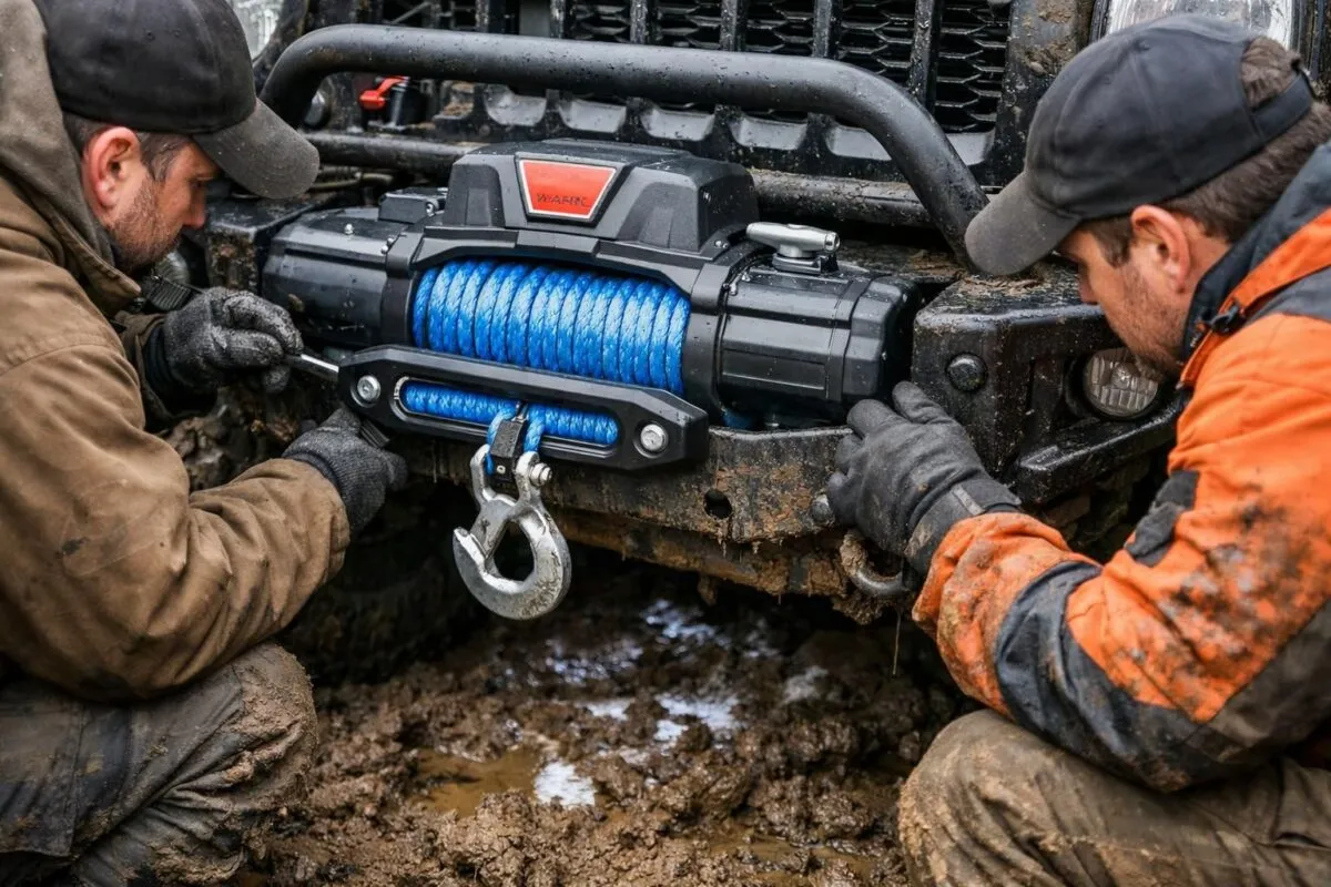 Treuil électrique monté sur un 4x4 en situation de franchissement
