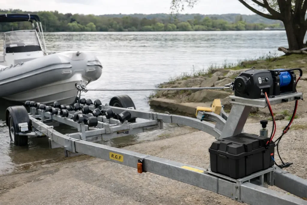 Treuil électrique pour remorque de bateau avec batterie rangée sous le treuil, câble aligné dans l’axe de traction