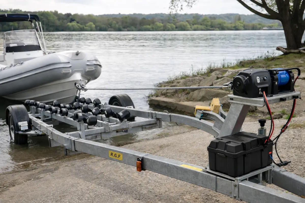 Treuil électrique pour remorque de bateau avec batterie rangée sous le treuil, câble aligné dans l’axe de traction