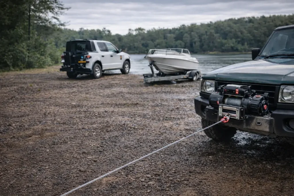 différents types de treuils électriques utilisés sur un 4x4, une remorque bateau et un véhicule utilitaire