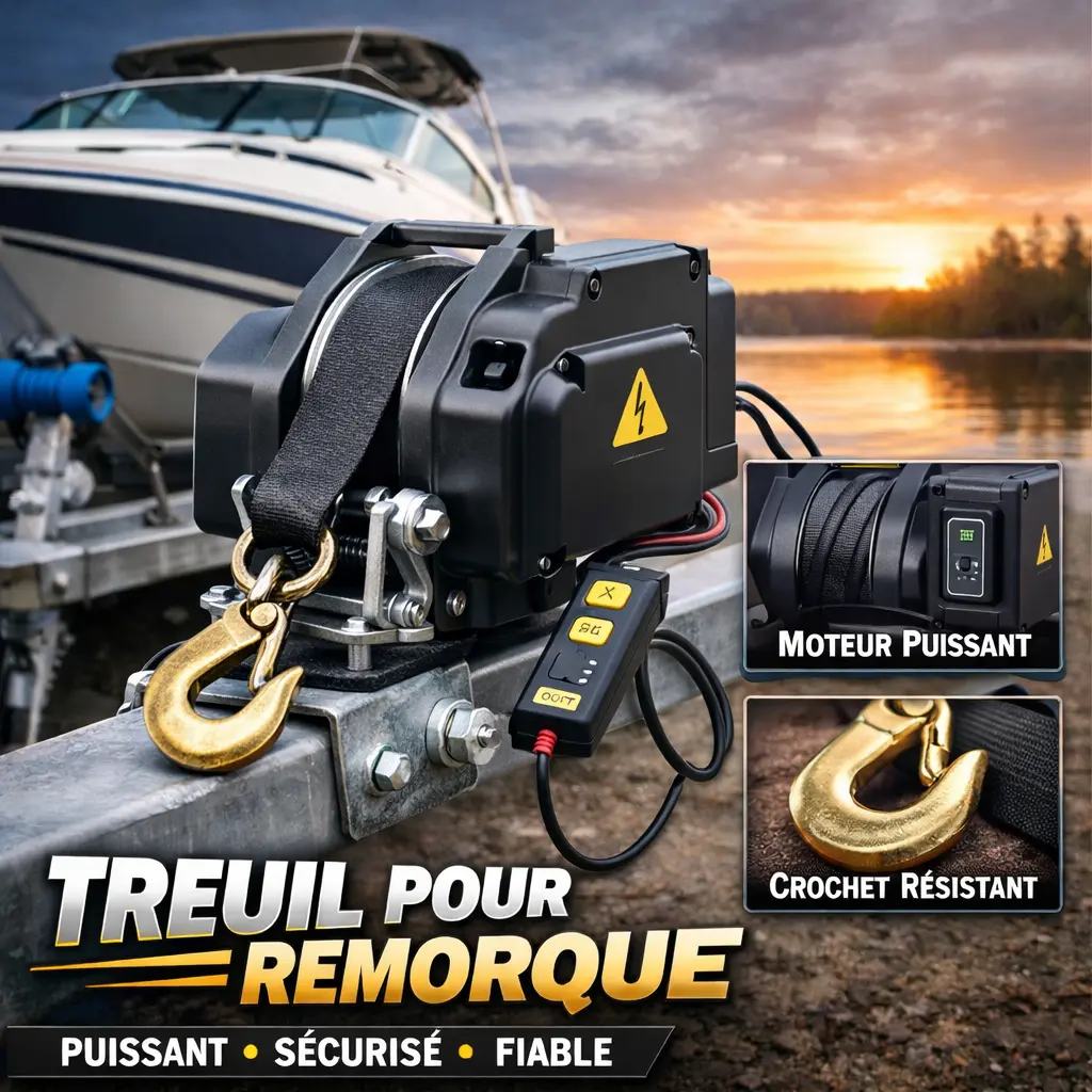 Treuil électrique pour remorque installé sur châssis galvanisé, avec sangle synthétique et crochet renforcé, utilisé pour charger un bateau sur remorque
