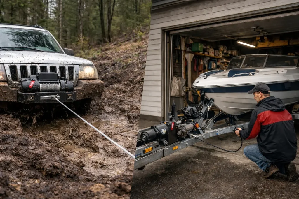 Treuil électrique utilisé en situation réelle pour un 4x4 enlisé en terrain boueux et pour tirer un bateau sur une remorque en usage particulier