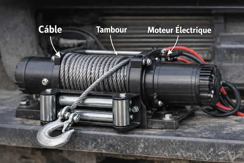 fonctionnement d’un treuil électrique montrant clairement le câble en acier, le tambour d’enroulement et le moteur électrique.