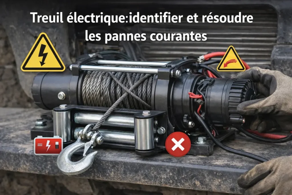 Treuil électrique en panne monté sur un véhicule, avec câble emmêlé, moteur électrique inspecté et symboles illustrant les pannes courantes et leur diagnostic.
