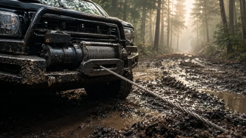 treuil électrique professionnel monté sur un 4x4 en récupération sur un chemin de forêt boueux