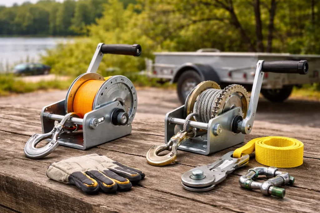 deux treuils manuels sur table en bois avec sangle jaune câble acier gants et manilles près d’une remorque au bord d’un lac