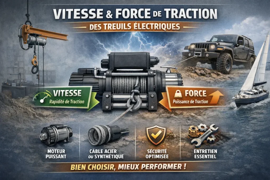 Treuil électrique avec palan d’atelier illustrant la vitesse et la force de traction pour levage et traction de charges