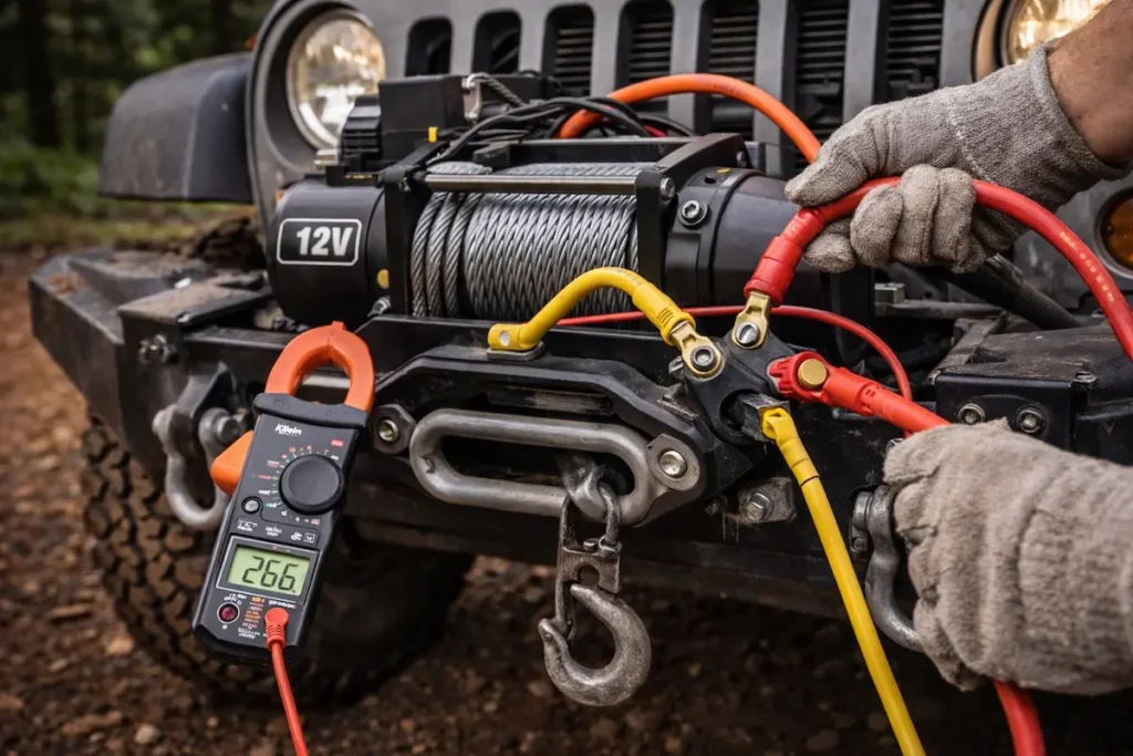 mesure de la consommation électrique d’un treuil 12V monté sur un 4x4 avec pince ampèremétrique et câbles de batterie
