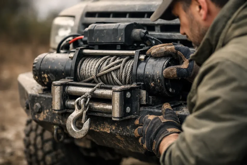 Treuil électrique 4x4 bloqué avec câble enroulé de travers, inspecté par un mécanicien en extérieur