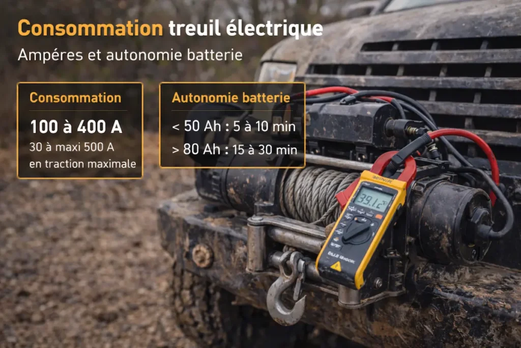 Treuil électrique sur 4x4 avec pince ampèremétrique mesurant la consommation et indication de l’autonomie batterie