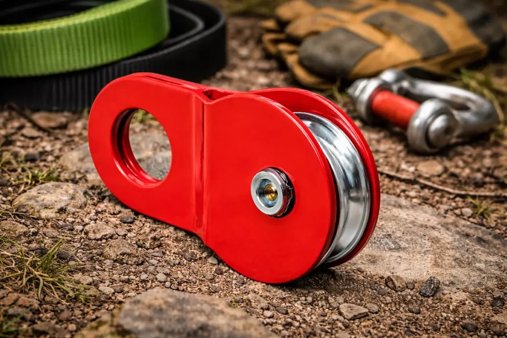 snatch block poulie de mouflage pour treuil 4x4 utilisée en récupération off-road avec sangle d’arbre et manille