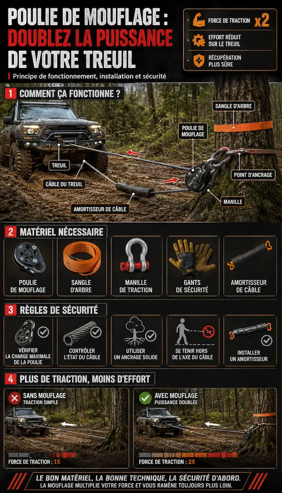 Infographie expliquant le fonctionnement d’une poulie de mouflage de treuil 4x4 avec schéma de câblage, point d’ancrage sur arbre, matériel nécessaire, règles de sécurité et démonstration du doublement de la force de traction.