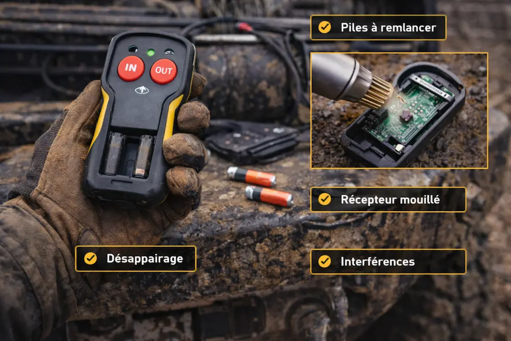 Dépannage d’une télécommande sans fil de treuil électrique avec vérification des piles, du récepteur et de l’appairage