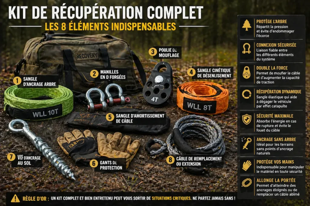 Kit de récupération complet pour treuil électrique avec sangle d’ancrage, manilles forgées, poulie de mouflage, sangle cinétique, gants et accessoires indispensables en tout-terrain.