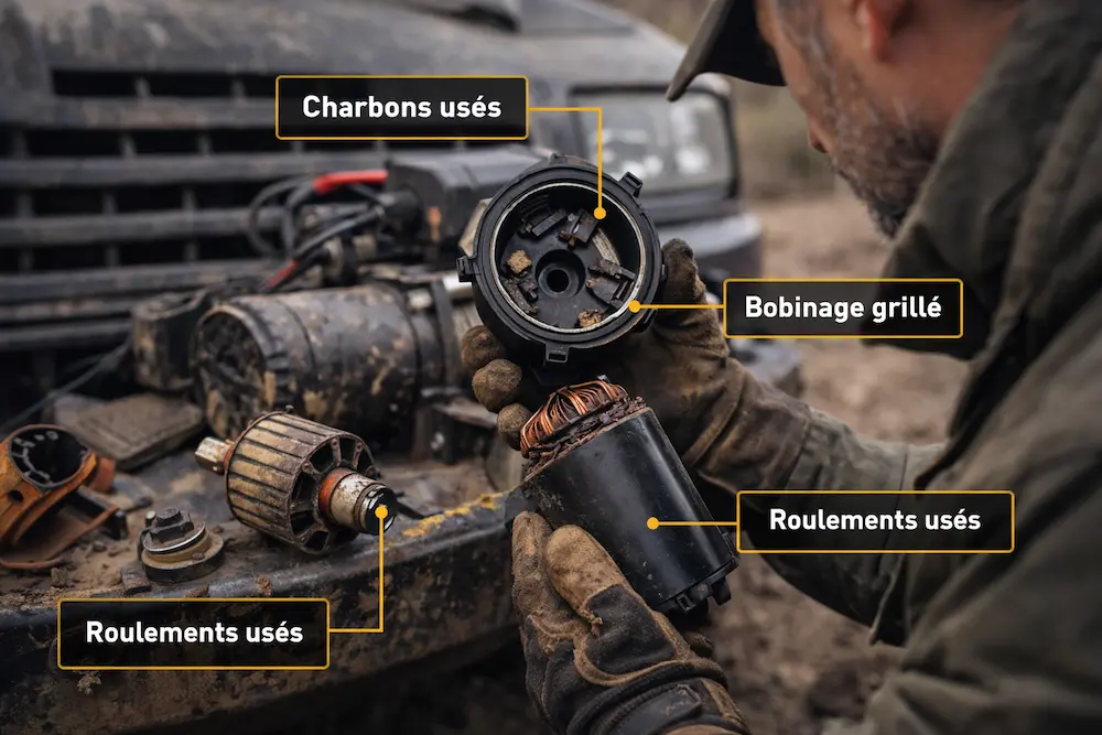 Diagnostic d’une panne moteur sur un treuil électrique démonté avec pièces usées visibles