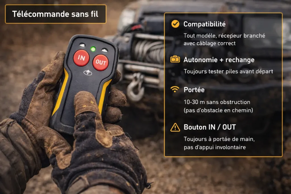 Télécommande sans fil pour treuil électrique tenue en main devant un 4x4 avec conseils d’utilisation