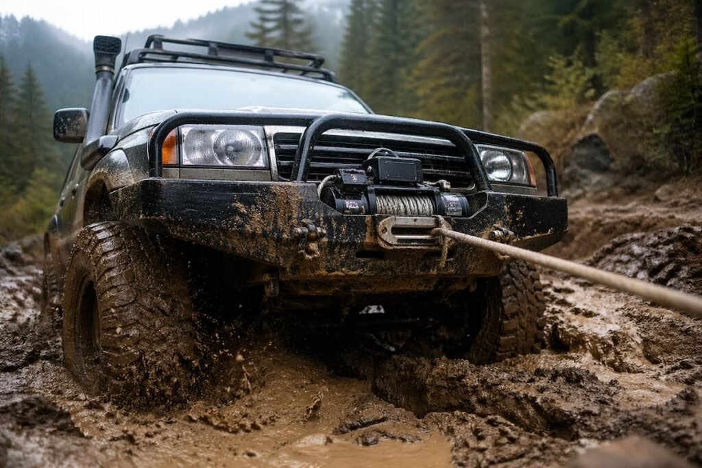 4x4 avec treuil électrique en action tirant un véhicule embourbé dans la boue en tout-terrain