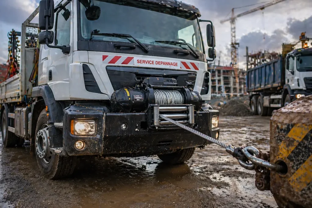 Camion de service dépannage équipé d'un treuil électrique 18000 lbs avec câble acier, sur chantier de construction