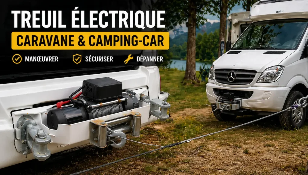 Treuil électrique monté sur l'attelage d'un camping-car blanc tirant un câble acier pour dépanner un véhicule en pleine nature