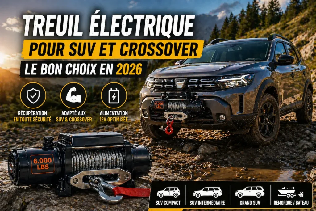 SUV crossover équipé d’un treuil électrique 6000 lbs sur piste montagneuse, visuel guide 2026 pour choisir un treuil adapté aux SUV, crossover et remorque.