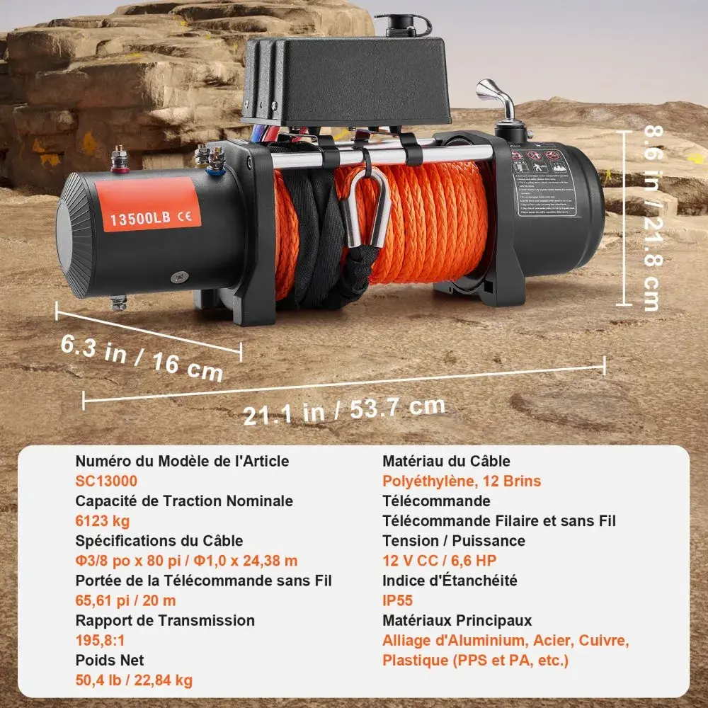 Fiche technique complète du treuil électrique Vevor 13500 lbs IP55 avec dimensions 53,7 x 21,8 x 16 cm, capacité 6123 kg, câble synthétique 24 m et rapport de transmission 195,8:1