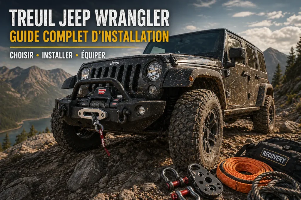 Jeep Wrangler noir équipé d’un treuil avant sur bumper acier en terrain montagneux, avec accessoires de récupération, pour guide complet d’installation treuil JK JL Rubicon.