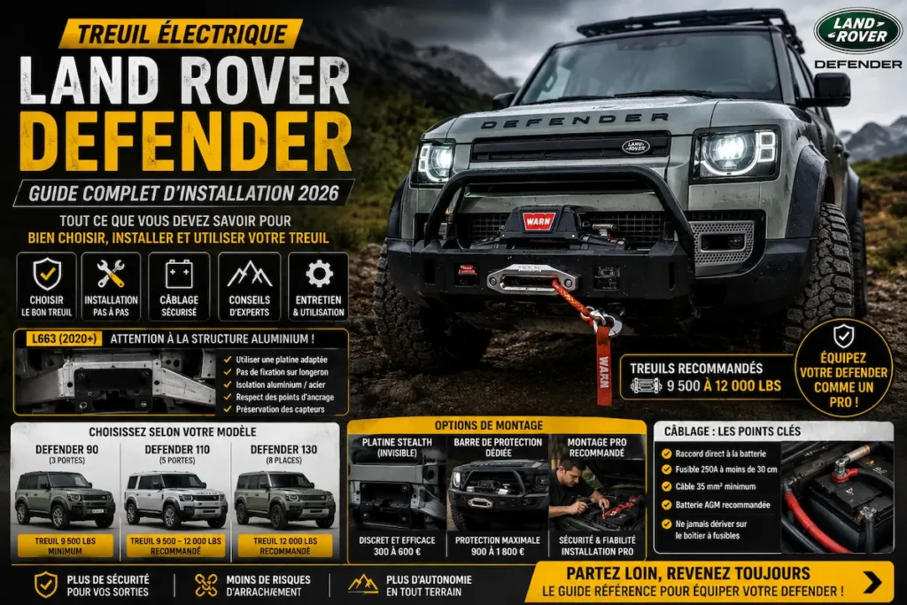 Land Rover Defender L663 équipé d'un treuil électrique avec montage spécifique aluminium