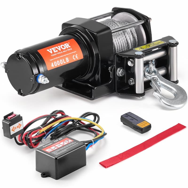 Treuil électrique VEVOR 4000 lb (1814 kg) 12V pour VTT et UTV avec câble acier, crochet et télécommande sans fil