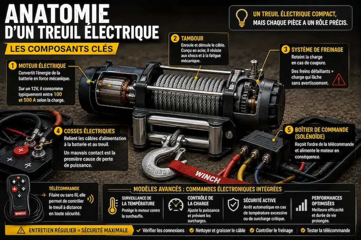 Schéma de l'anatomie d'un treuil électrique avec moteur, tambour, frein, cosses électriques et boîtier de commande solénoïde
