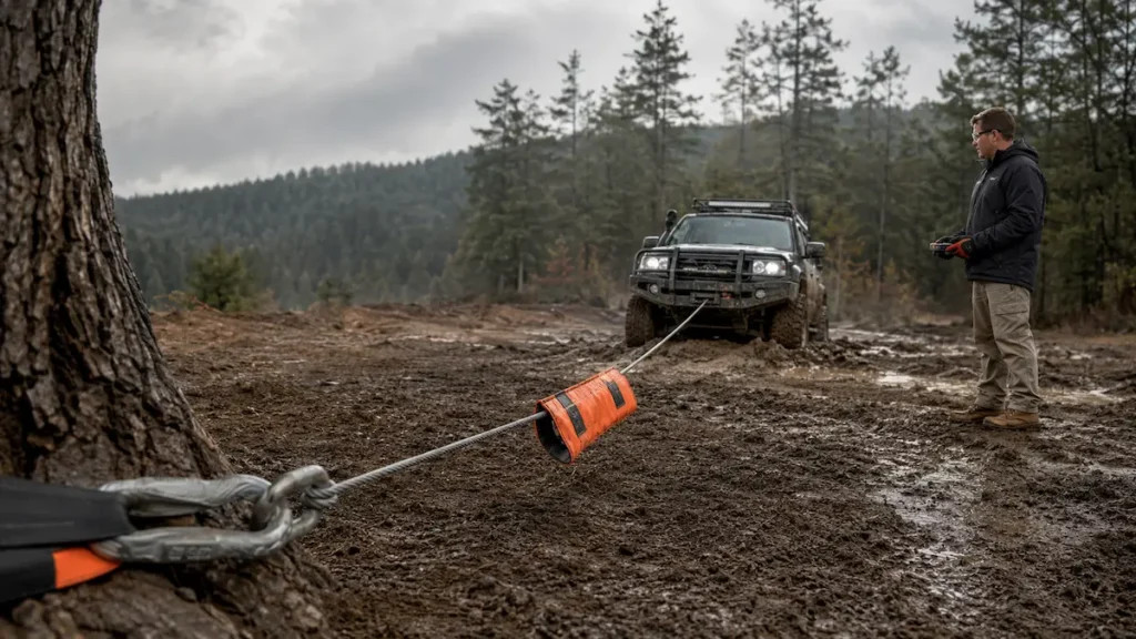 treuil électrique à câble acier monté sur un 4x4 dans la boue