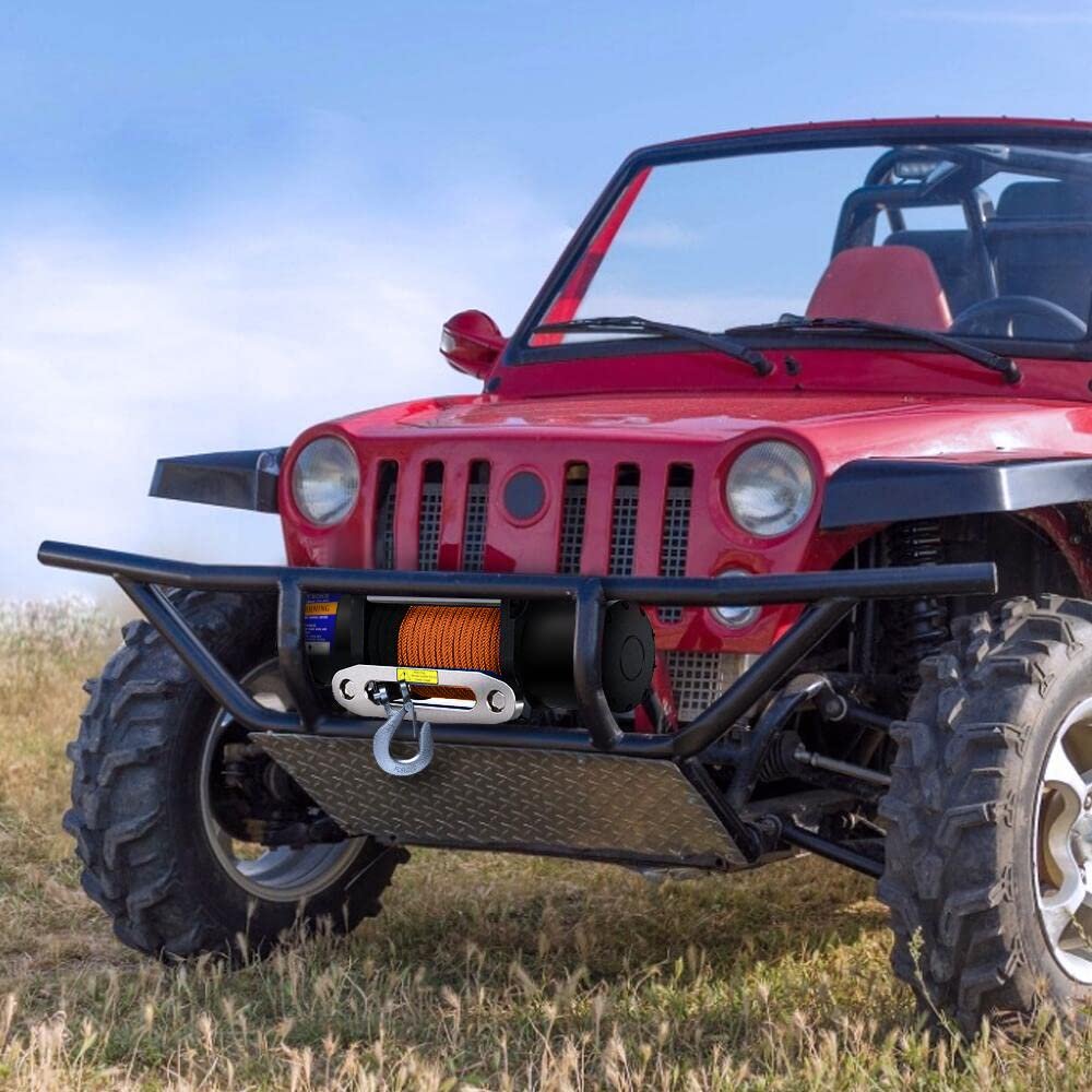 Jeep rouge équipée d un treuil électrique Anbull sur son pare-chocs avant