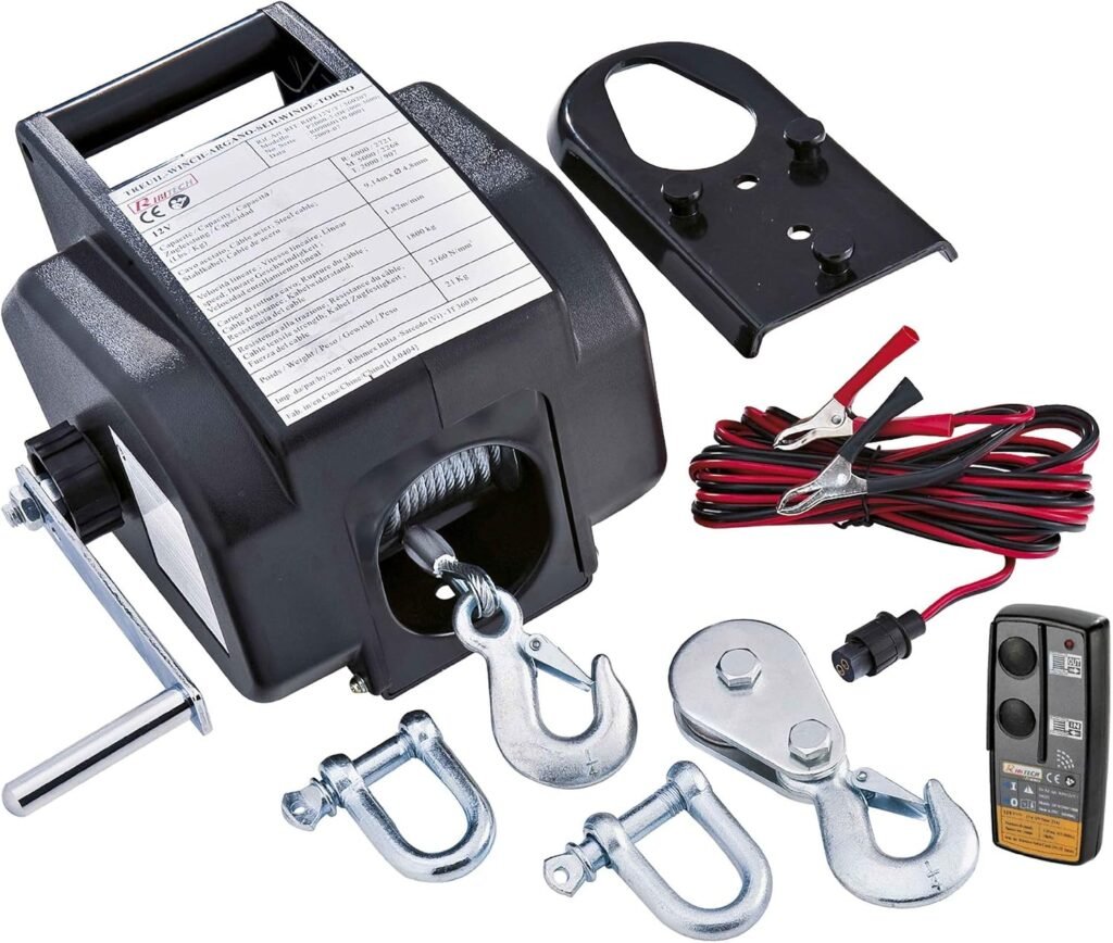 Treuil Ribimex 4277 PE12V/T1 12V avec manivelle, télécommande, câbles de batterie, manilles et poulie