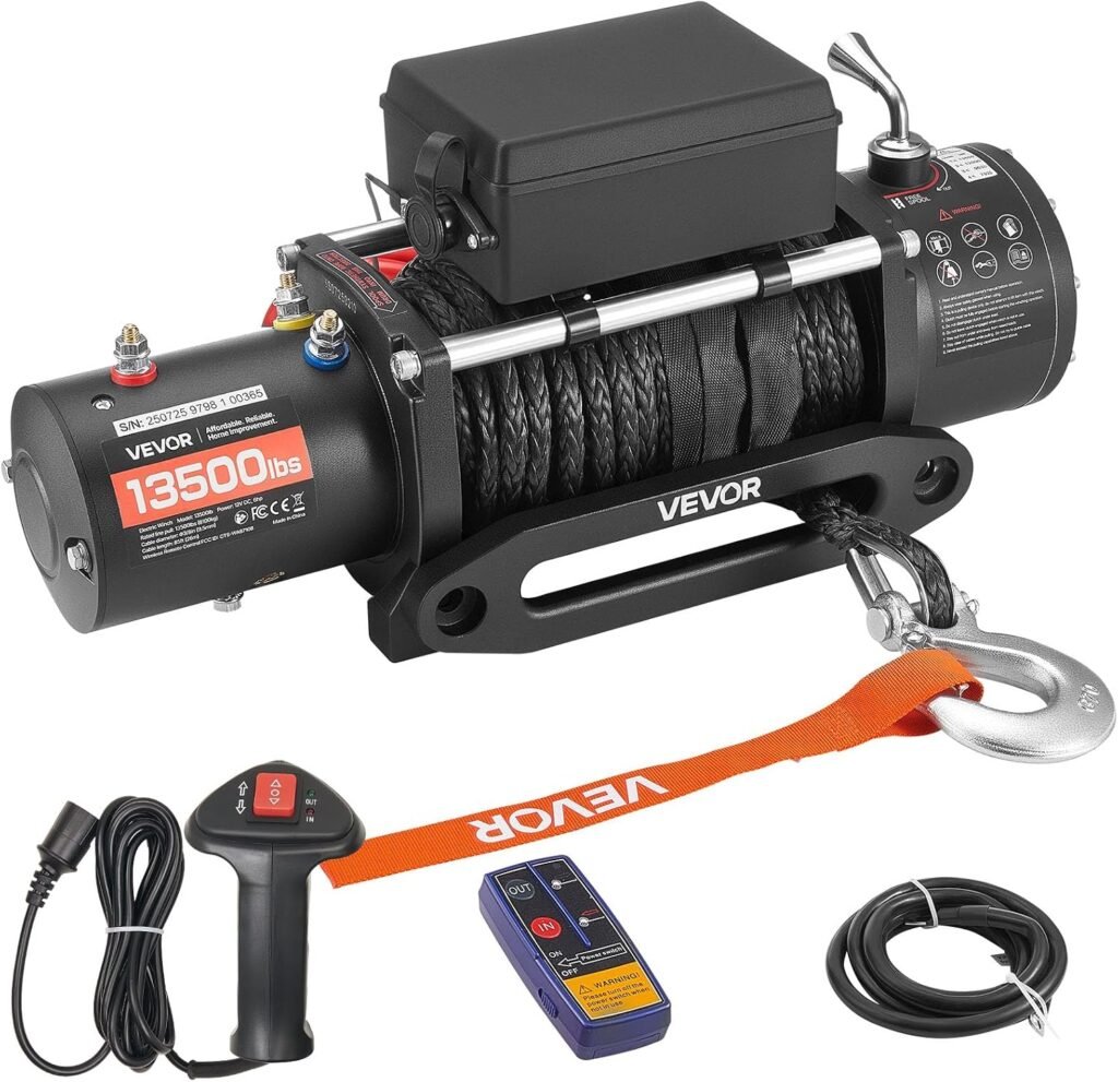 Treuil électrique Vevor 6100 kg (13500 lbs) avec corde synthétique noire, sangle orange et télécommandes
